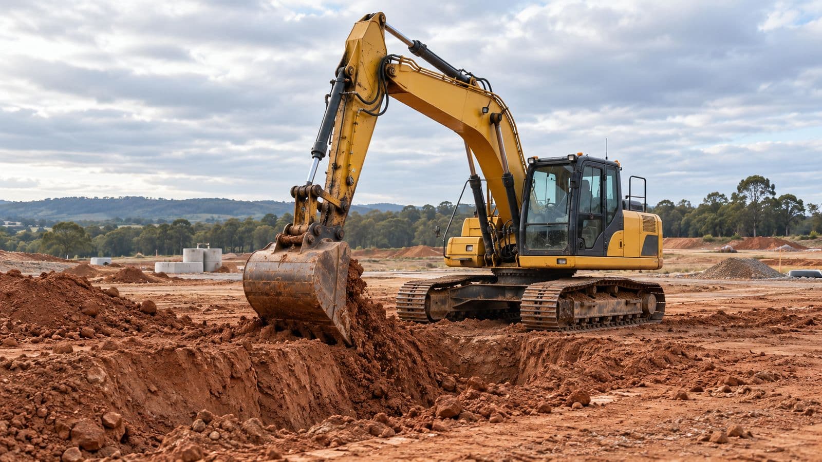 Yellow crawler excavator digging a trench in red soil on an Australian civil site, with gum trees and a low hill behind.